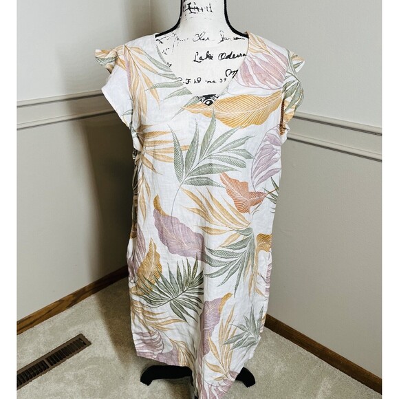 Tahari Linen Tropical Floral Leaf Print Shift Dress Size Large Flutter Sleeve - Picture 2 of 10